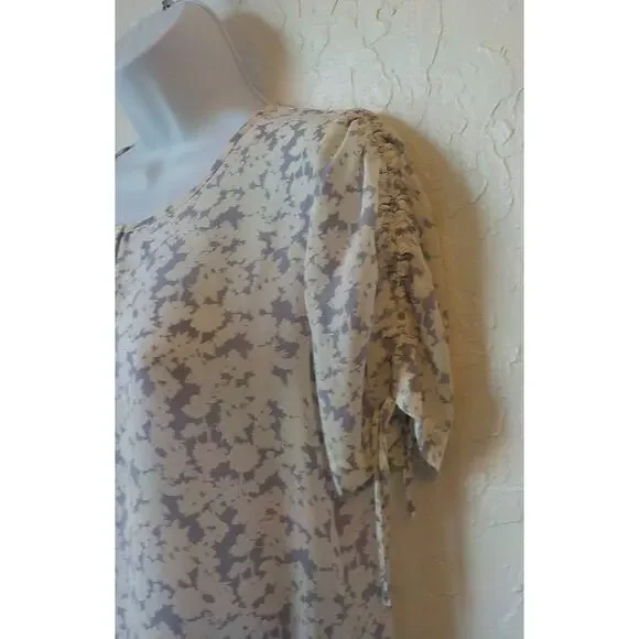 Rose Olive Women Small White Purple Floral Top Chiffon Shirred Short Sleeve - Picture 5 of 7